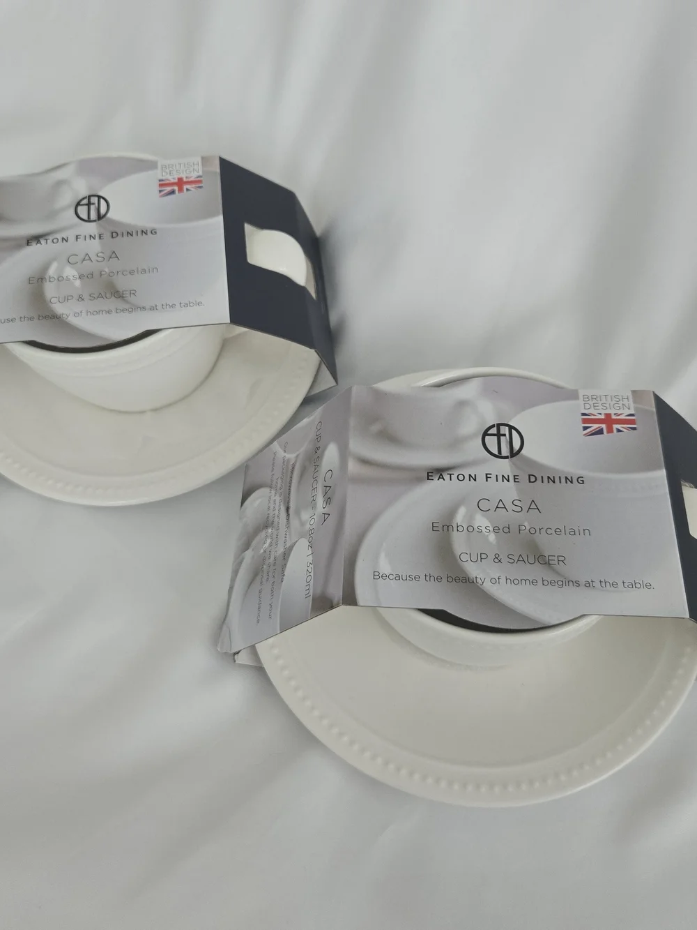 Set of 2 Eaton Fine Dining Casa Embossed Porcelain Cup & Saucer Classic Tea Mug